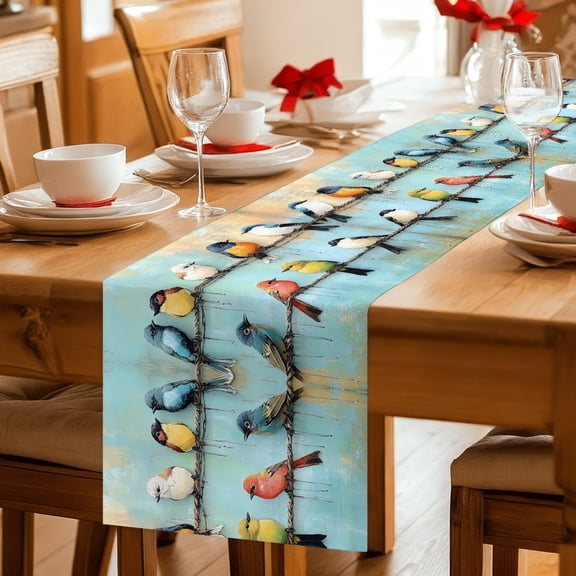 Table Runner Cute Bird Cartoon Style Dresser Scarves 13x36 Inch,Linen Table Runners Blue Gradient Tablerunner for Home Dining Indoor Outdoor Wedding Party Tabletop Decor