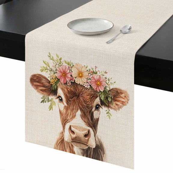Table Runner Cute Bull Decorative Dining Table Runner Flower Wreath Kitchen Table Decoration for Home, Holiday and Party Use 13x90 Inch