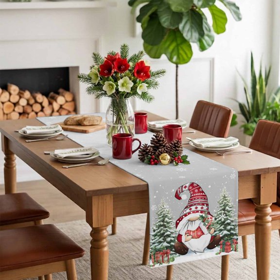 Table Runner Cute Red Gnome Snowflakes Dresser Scarves 13x36 Inch Linen Table Runners Christmas Tree on Gray Tablerunner for Home Dining Indoor Outdoor Wedding Party Tabletop Decor