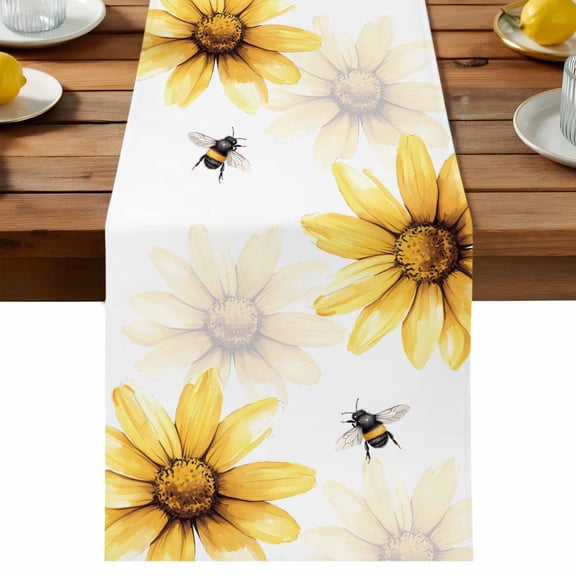 Table Runner Daisy Bee Decorative Table Runner for Kitchen Farm Floral Dinning Runner for Party Wedding Holiday Indoor Outdoor 13x36inch