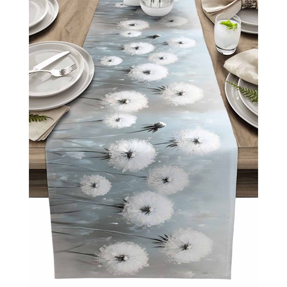 Table Runner Dandelion Oil Painting Table Decoration for Kitchen Dinning White Blue Vintage Table Decoration for Indoor Outdoor Party Wedding Decor 13x72inch