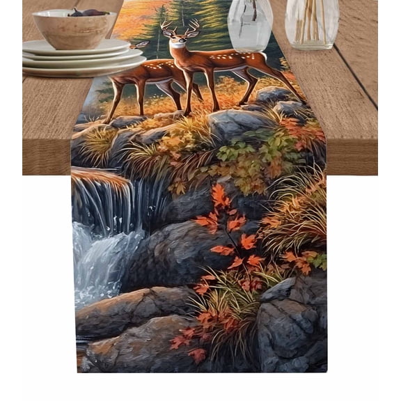 Table Runner Deer Table Decoration for Kitchen Dinning Mount Leaves Forest River Table Decoration for Indoor Outdoor Party Wedding Decor 13x72 Inch