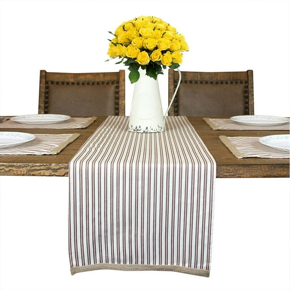 Table Runner, Deluxe Table Runner for Dining Tables, Modern Jute Trim Design, Washable Custom Made Cotton Yarn Striped Table Runner