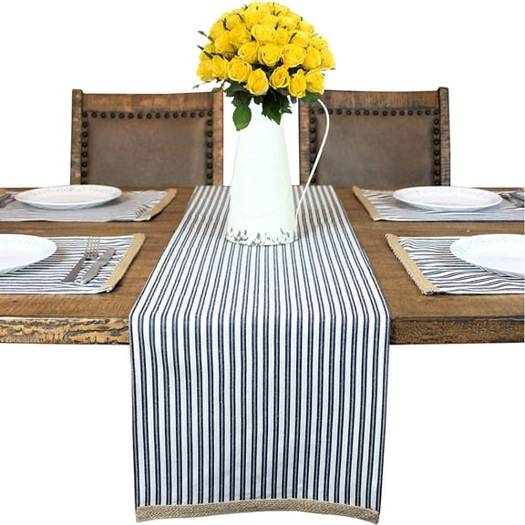 Table Runner, Deluxe Table Runner for Dining Tables, Modern Jute Trim Design, Washable Custom Made Cotton Yarn Striped Table Runner