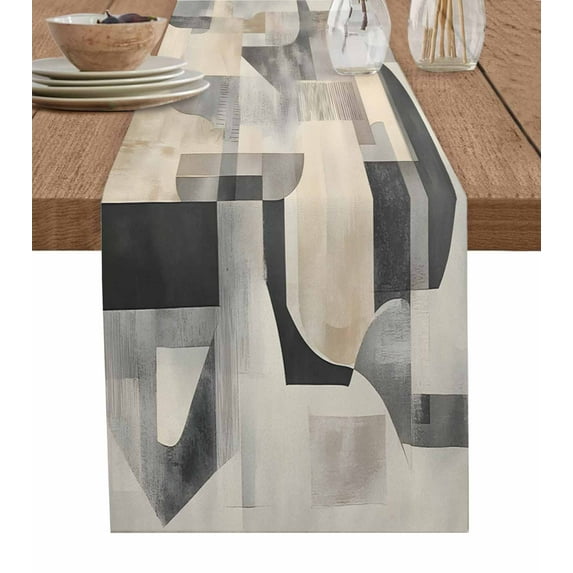 Table Runner Dresser Scarf 13 x 108 Inch Abstract Vintage Beige Black Geometric Modern Contemporary Table Runners Non-Slip Heat Resistant Kitchen Dining Table Decor for Indoor Outdoor