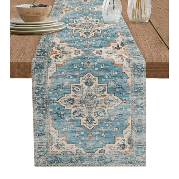 Table Runner Dresser Scarf 13 x 108 Inch Blue Boho Oriental Medallion Retro Distressed Bohemian Table Runners Non-Slip Heat Kitchen Dining Table Decor for Kitchen Farmhouse Indoor Outdoor Home Party