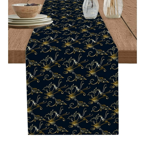 Table Runner Dresser Scarf 13 x 108 Inch Gold Gradient Floral Leaves Black Table Runners Non-Slip Heat Kitchen Dining Table Decor for Indoor Outdoor Home Party Decoration