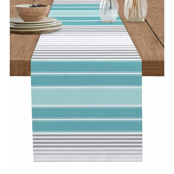 Table Runner Dresser Scarf 13 x 108 Inch Minimalist Turquoise Gradient Gray Stripes Table Runners Non-Slip Heat Kitchen Dining Table Decor for Indoor Outdoor Home Party Decoration
