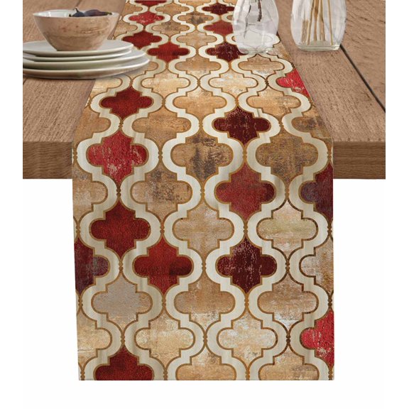 Table Runner Dresser Scarf 13 x 108 Inch Morocco Geometric Lattice Retro Red and Brown Distressed Table Runners Non-Slip Heat Kitchen Dining Table Decor for Kitchen Farmhouse Indoor Outdoor Home