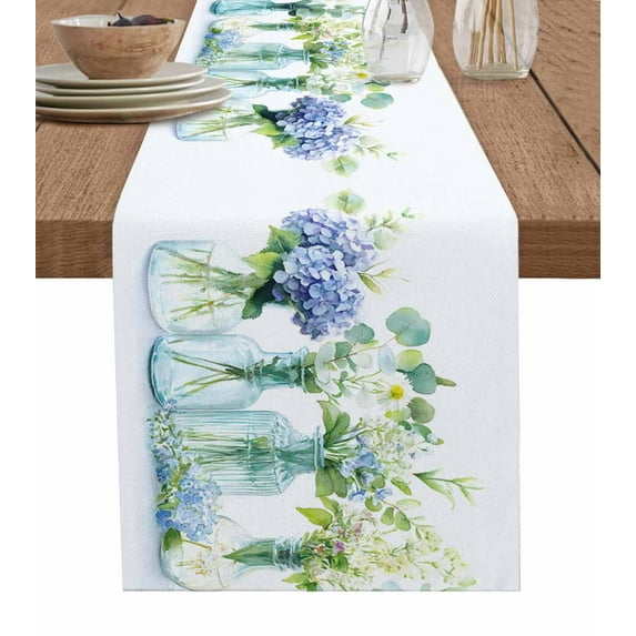 Table Runner Dresser Scarf 13 x 108 Inch Spring Floral Hydrangea Daisy Leaves Flower Bottle Vintage Table Runners Non-Slip Heat Kitchen Dining Table Decor for Indoor Outdoor Home Party Decoration
