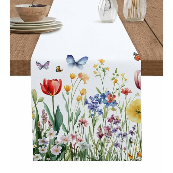 Table Runner Dresser Scarf 13 x 108 Inch Spring Floral Pink Yellow Red Wildflower Colorful Butterfly Table Runners Non-Slip Heat Kitchen Dining Table Decor for Indoor Outdoor Home Party Decoration