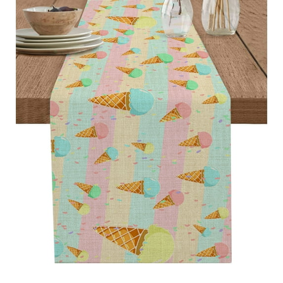 Table Runner Dresser Scarf 13 x 108 Inch Summer Ice Cream Lemon Colorful Stripe Table Runners Non-Slip Heat Kitchen Dining Table Decor for Indoor Outdoor Home Party Decoration