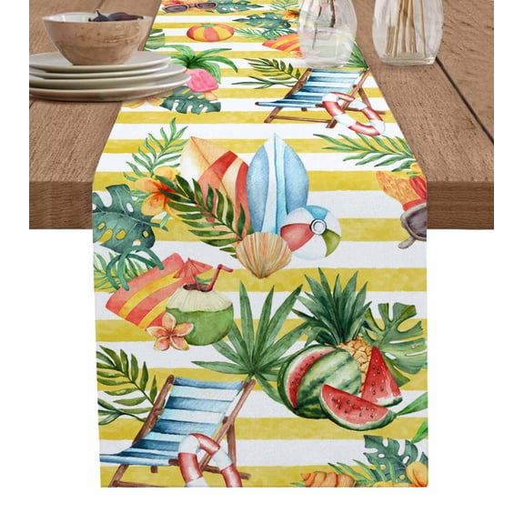 Table Runner Dresser Scarf 13 x 108 Inch Summer Seaside Watermelon Coconut Tropical Plant Yellow Striped Table Runners Non-Slip Heat Kitchen Dining Table Decor for Indoor Outdoor Home Decoration