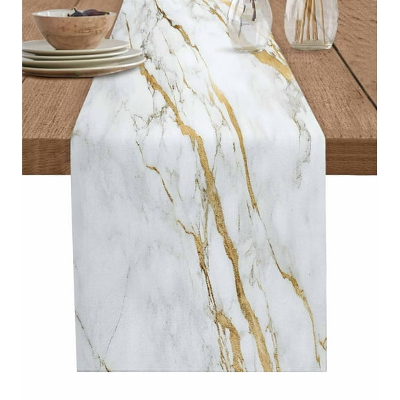 Table Runner Dresser Scarf 13 x 108 Inch White Gold Marble Abstract Marble Texture Contemporary Table Runners Non-Slip Heat Resistant Kitchen Dining Table Decor for Indoor Outdoor