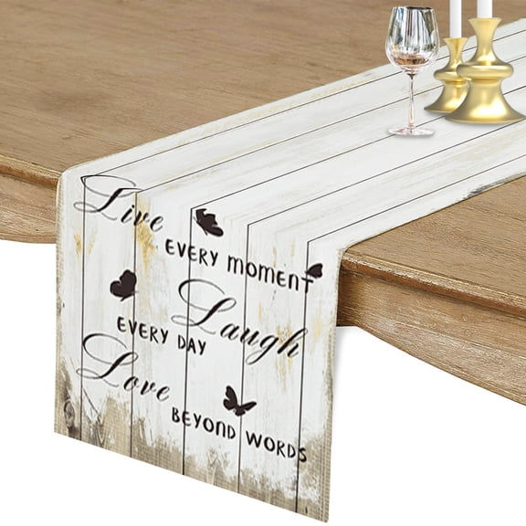 Table Runner Dresser Scarf 13 x 120 Inch Butterfly Positive Energy Quote Grey Wood Grain Table Runners Non-Slip Heat Kitchen Dining Table Decor for Kitchen Farmhouse Indoor Outdoor Home Party