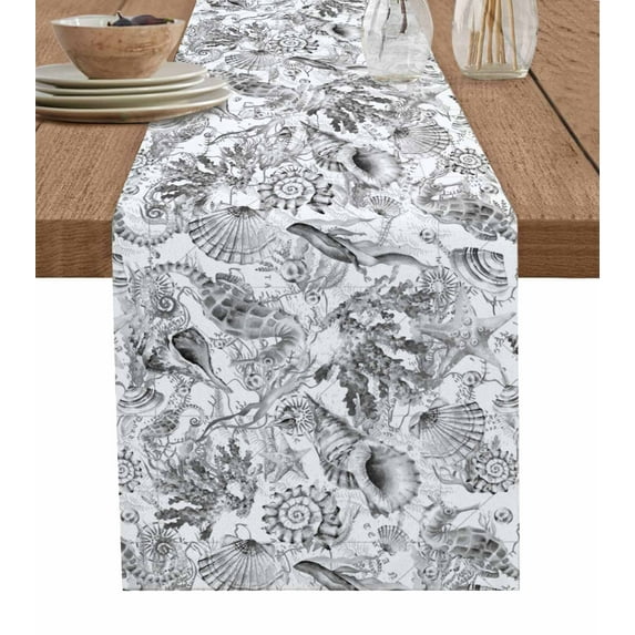 Table Runner Dresser Scarf 13 x 120 Inch Summer Grey Ocean Seahorse Seashell Starfish Coral Table Runners Non-Slip Heat Kitchen Dining Table Decor for Indoor Outdoor Home Party Decoration