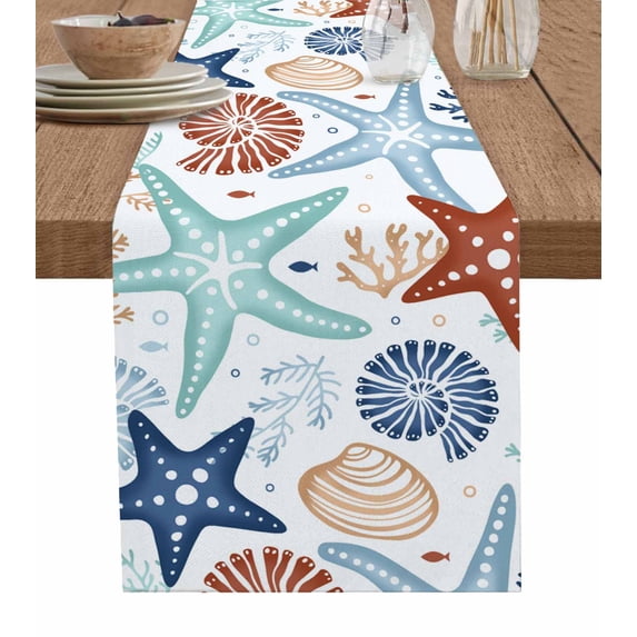 Table Runner Dresser Scarf 13 x 120 Inch Summer Ocean Navy Blue and Red Coral Starfish Seashells Table Runners Non-Slip Heat Kitchen Dining Table Decor for Indoor Outdoor Home Party Decoration