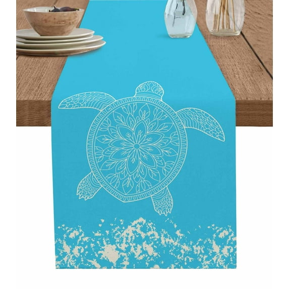 Table Runner Dresser Scarf 13 x 120 Inch Turtle Sea Blue Lines WaterColor Turtle Mottled Pattern Table Runners Non-Slip Heat Kitchen Dining Table Decor for Indoor Outdoor Home Party Decoration