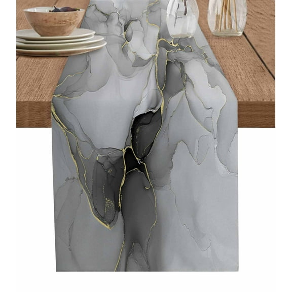 Table Runner Dresser Scarf 13 x 36 Inch Abstract Gray Golden Marble Fluid Lines Table Runners Non-Slip Heat Resistant Kitchen Dining Table Decor for Indoor Outdoor Home Party Decoration