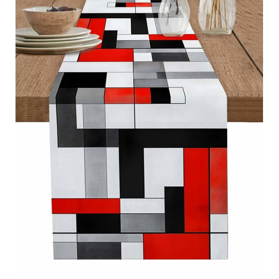 Table Runner Dresser Scarf 13 x 36 Inch Abstract Medieval Red Black Geometrical Art Table Runners Non-Slip Heat Resistant Kitchen Dining Table Decor for Indoor Outdoor Home Party Decoration