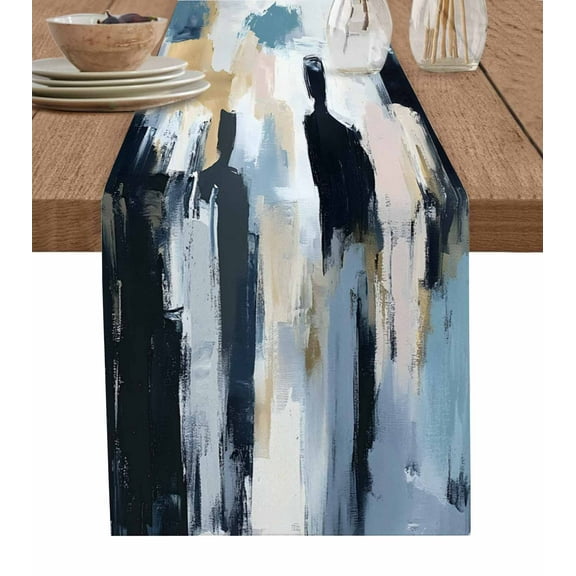 Table Runner Dresser Scarf 13 x 36 Inch Abstract Style Black Grey Blue Silhouette Oil Painting Color Block Table Runners Non-Slip Heat Resistant Kitchen Dining Table Decor for Indoor Outdoor