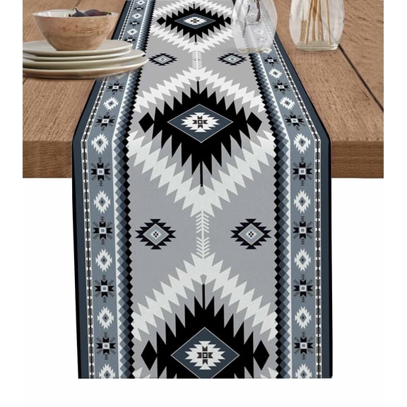 Table Runner Dresser Scarf 13 x 36 Inch Aztec Southwestern Ethnic Tribal Style Geometric Blue Grey Table Runners Non-Slip Heat Kitchen Dining Table Decor for Indoor Outdoor Home Party Decoration