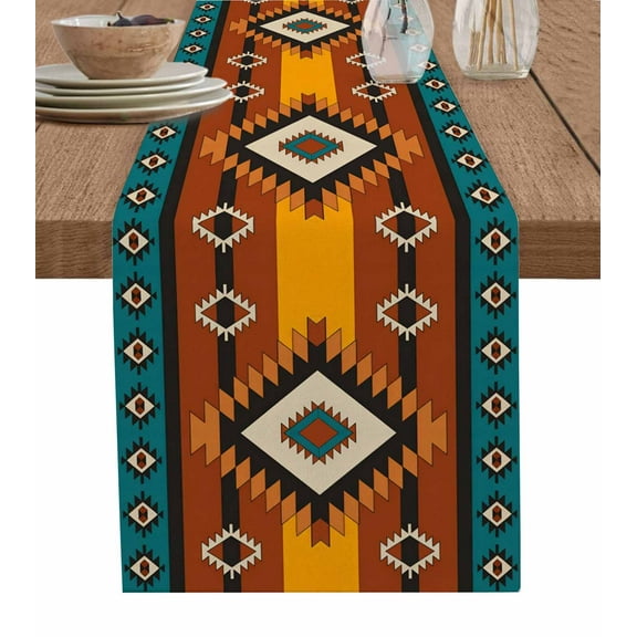 Table Runner Dresser Scarf 13 x 36 Inch Aztec Tribe Brown Orange Abstract Vintage Geometric Table Runners Non-Slip Heat Kitchen Dining Table Decor for Indoor Outdoor Home Party Decoration