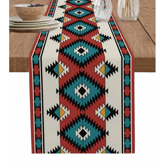 Table Runner Dresser Scarf 13 x 36 Inch Aztec Tribe Red Black Blue Rhombus Geometric Pattern Table Runners Non-Slip Heat Kitchen Dining Table Decor for Indoor Outdoor Home Party Decoration