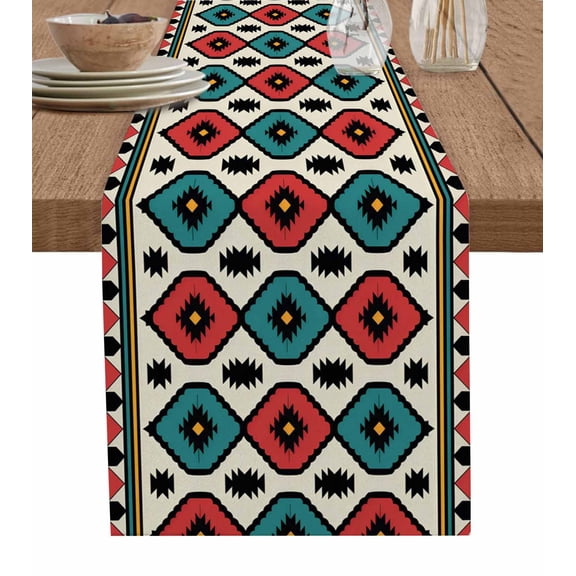 Table Runner Dresser Scarf 13 x 36 Inch Aztec Tribe Red Green Rhombus Geometric Pattern Table Runners Non-Slip Heat Kitchen Dining Table Decor for Indoor Outdoor Home Party Decoration