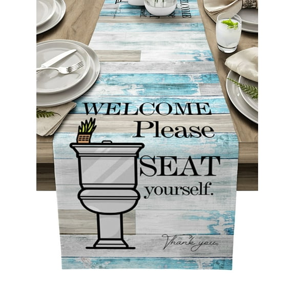 Table Runner Dresser Scarf 13 x 36 Inch Bathroom Toilet Funny Text Retro Wood Grain Table Runners Non-Slip Heat Kitchen Dining Table Decor for Indoor Outdoor Home Party Decoration