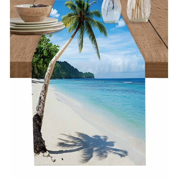 Table Runner Dresser Scarf 13 x 36 Inch Beach Palm Tree Summer Ocean Blue Sky Tropical Island Table Runners Non-Slip Heat Kitchen Dining Table Decor for Indoor Outdoor Home Party Decoration