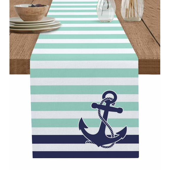 Table Runner Dresser Scarf 13 x 36 Inch Blue Anchor Costal Mint Green White Stripes Background Table Runners Non-Slip Heat Kitchen Dining Table Decor for Indoor Outdoor Home Party Decoration