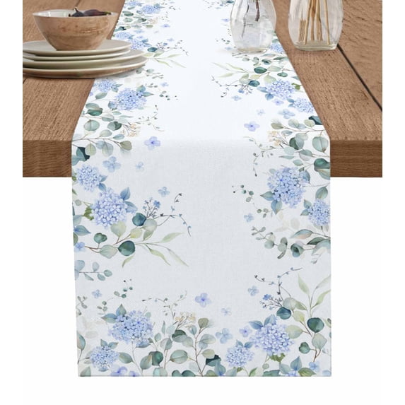 Table Runner Dresser Scarf 13 x 36 Inch Blue Hydrangea Country Eucalyptus Leaf Floral Table Runners Non-Slip Heat Kitchen Dining Table Decor for Indoor Outdoor Home Party Decoration