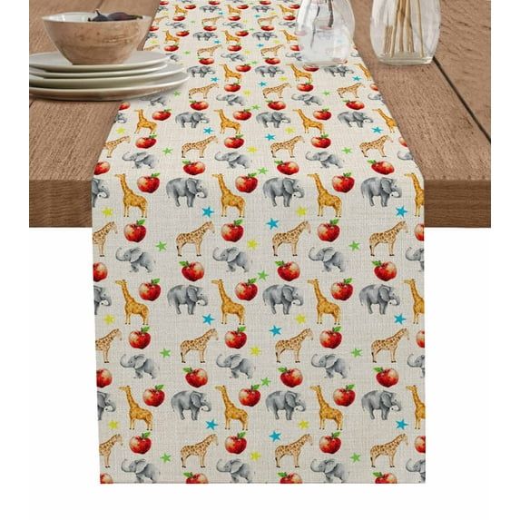 Table Runner Dresser Scarf 13 x 36 Inch Cute Giraffe Elephant Blue Green Star Linen Texture Table Runners Non-Slip Heat Kitchen Dining Table Decor for Indoor Outdoor Home Party Decoration