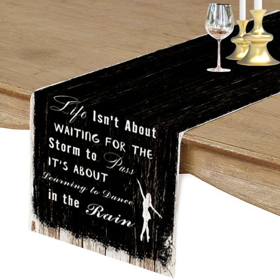 Table Runner Dresser Scarf 13 x 36 Inch Dance In The Rain Positive Energy Quote Black Wood Grain Table Runners Non-Slip Heat Kitchen Dining Table Decor for Kitchen Farmhouse Indoor Outdoor Home Party