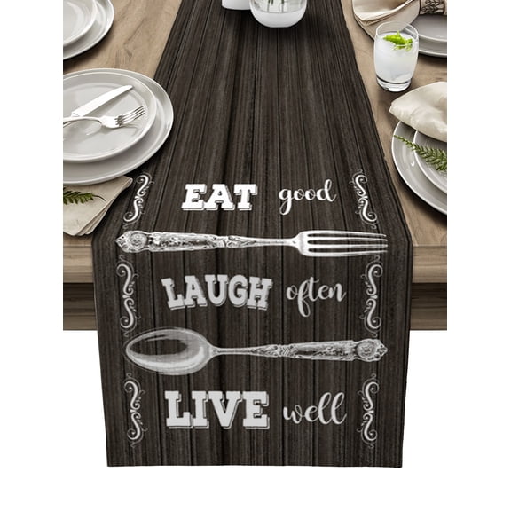 Table Runner Dresser Scarf 13 x 36 Inch Eat Laugh Live Kitchen Fork Spoon Retro Wood Grain Table Runners Non-Slip Heat Kitchen Dining Table Decor for Kitchen Farmhouse Indoor Outdoor Home Party