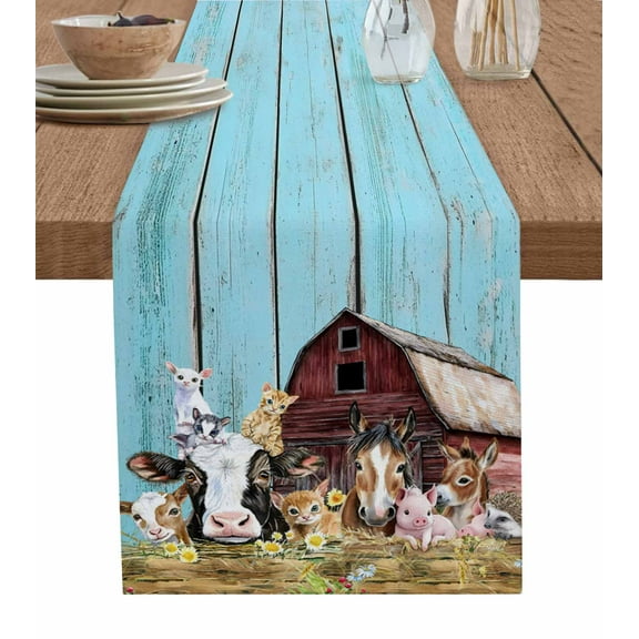 Table Runner Dresser Scarf 13 x 36 Inch Farm Barn Farmhouse Animals Cow Pig Horse Sheep Wood Board Table Runners Non-Slip Heat Kitchen Dining Table Decor for Indoor Outdoor Home Party Decoration