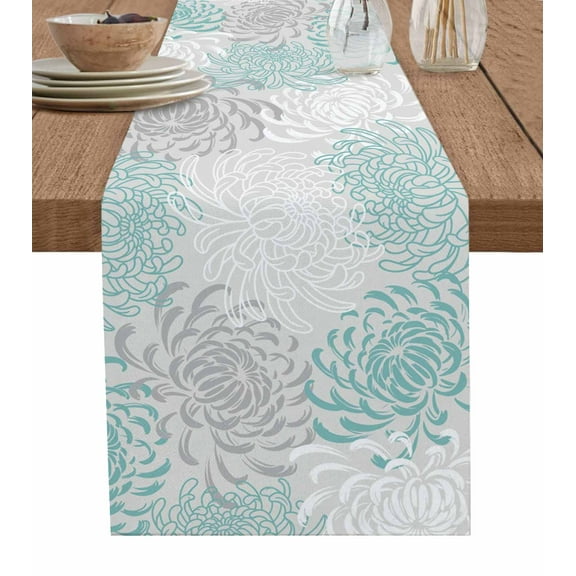 Table Runner Dresser Scarf 13 x 36 Inch Floral Pattern Outline White Indigo Chrysanthemum Graphic Table Runners Non-Slip Heat Kitchen Dining Table Decor for Indoor Outdoor Home Party Decoration