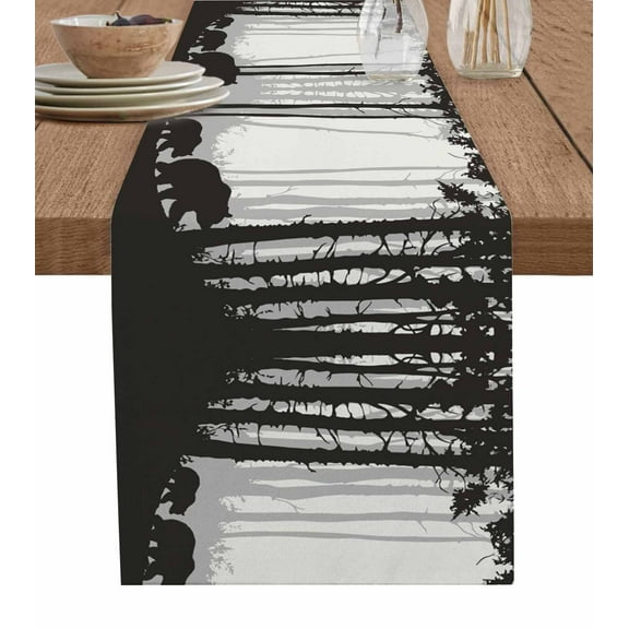 Table Runner Dresser Scarf 13 x 36 Inch Forest Bear Black Animals Silhouette Family Natural Table Runners Non-Slip Heat Kitchen Dining Table Decor for Indoor Outdoor Home Party Decoration