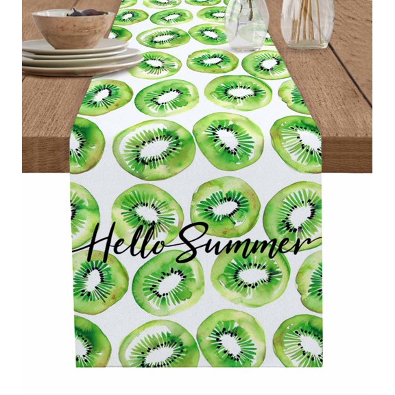 Table Runner Dresser Scarf 13 x 36 Inch Hello Summer Watercolor Green Kiwi Slice Table Runners Non-Slip Heat Kitchen Dining Table Decor for Indoor Outdoor Home Party Decoration