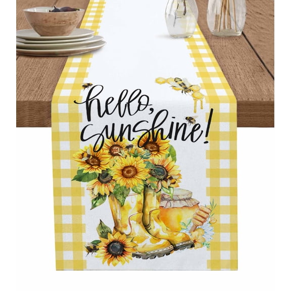 Table Runner Dresser Scarf 13 x 36 Inch Hello Sunshine Summer Sunflower Boot Bee Honeycomb Plaid Table Runners Non-Slip Heat Kitchen Dining Table Decor for Indoor Outdoor Home Party Decoration