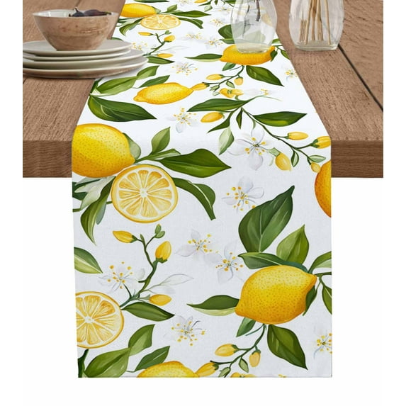 Table Runner Dresser Scarf 13 x 36 Inch Lemon Summer Floral Lemon Yellow Green Table Runners Non-Slip Heat Kitchen Dining Table Decor for Indoor Outdoor Home Party Decoration