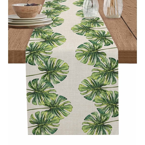 Table Runner Dresser Scarf 13 x 36 Inch Monstera Green Tropical Leaf Linen Background Table Runners Non-Slip Heat Kitchen Dining Table Decor for Indoor Outdoor Home Party Decoration