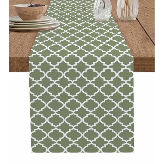 Table Runner Dresser Scarf 13 x 36 Inch Moroccan Moss Green Geometric Farmhouse Abstract Modern Table Runners Non-Slip Heat Kitchen Dining Table Decor for Indoor Outdoor Home Party Decoration