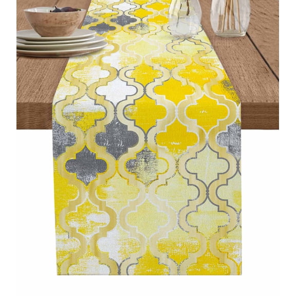 Table Runner Dresser Scarf 13 x 36 Inch Morocco Geometric Lattice Yellow and Grey Art Graffiti Table Runners Non-Slip Heat Kitchen Dining Table Decor for Kitchen Farmhouse Indoor Outdoor Home Party