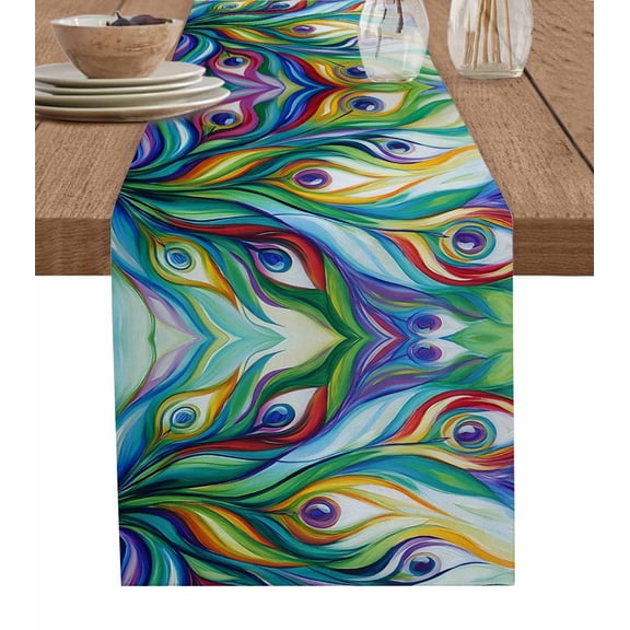 Table Runner Dresser Scarf 13 x 36 Inch Peacock Fathers Abstract Green Blue Feather Table Runners Non-Slip Heat Kitchen Dining Table Decor for Indoor Outdoor Home Party Decoration