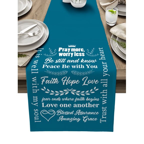 Table Runner Dresser Scarf 13 x 36 Inch Pray More, Worry Less Touching Quotes Aqua Background Table Runners Non-Slip Heat Kitchen Dining Table Decor for Indoor Outdoor Home Party Decoration