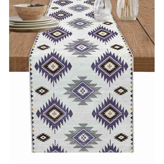 Table Runner Dresser Scarf 13 x 36 Inch Purple Grey Aztec Ethnic Southwestern Native Geometric Table Runners Non-Slip Heat Kitchen Dining Table Decor for Indoor Outdoor Home Party Decoration