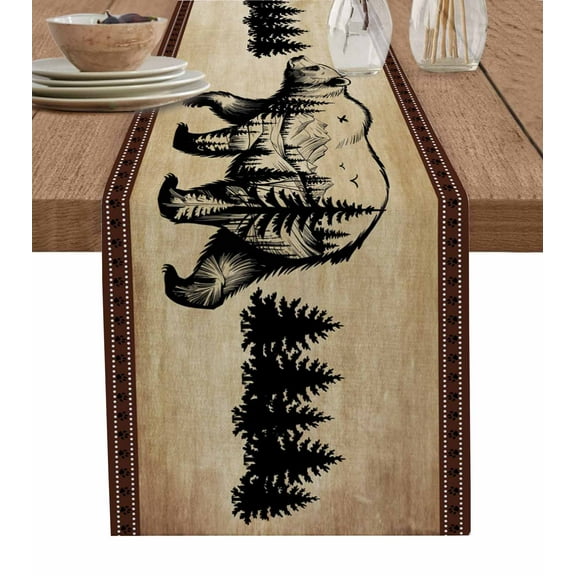 Table Runner Dresser Scarf 13 x 36 Inch Retro Silhouette Abstract Brown Bear Forest Table Runners Non-Slip Heat Kitchen Dining Table Decor for Indoor Outdoor Home Party Decoration