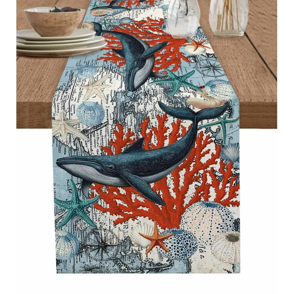 Table Runner Dresser Scarf 13 x 36 Inch Retro Whale Coral Starfish Ocean Nautical Table Runners Non-Slip Heat Kitchen Dining Table Decor for Indoor Outdoor Home Party Decoration